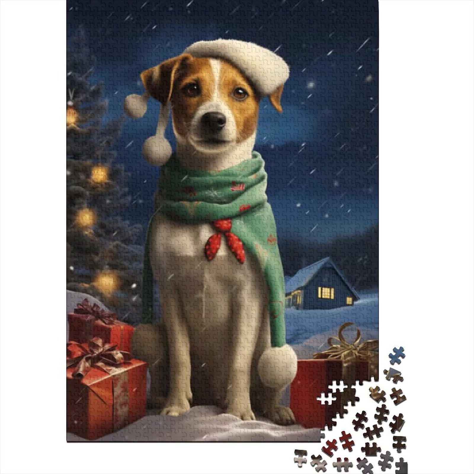 Süßes Jack Russell Weihnachtspuzzle für Erwachsene und Jugendliche, 1000 Teile, Holzpuzzle für Erwachsene und Jugendliche ganze Familie und die (Größe 75 x 50 cm)