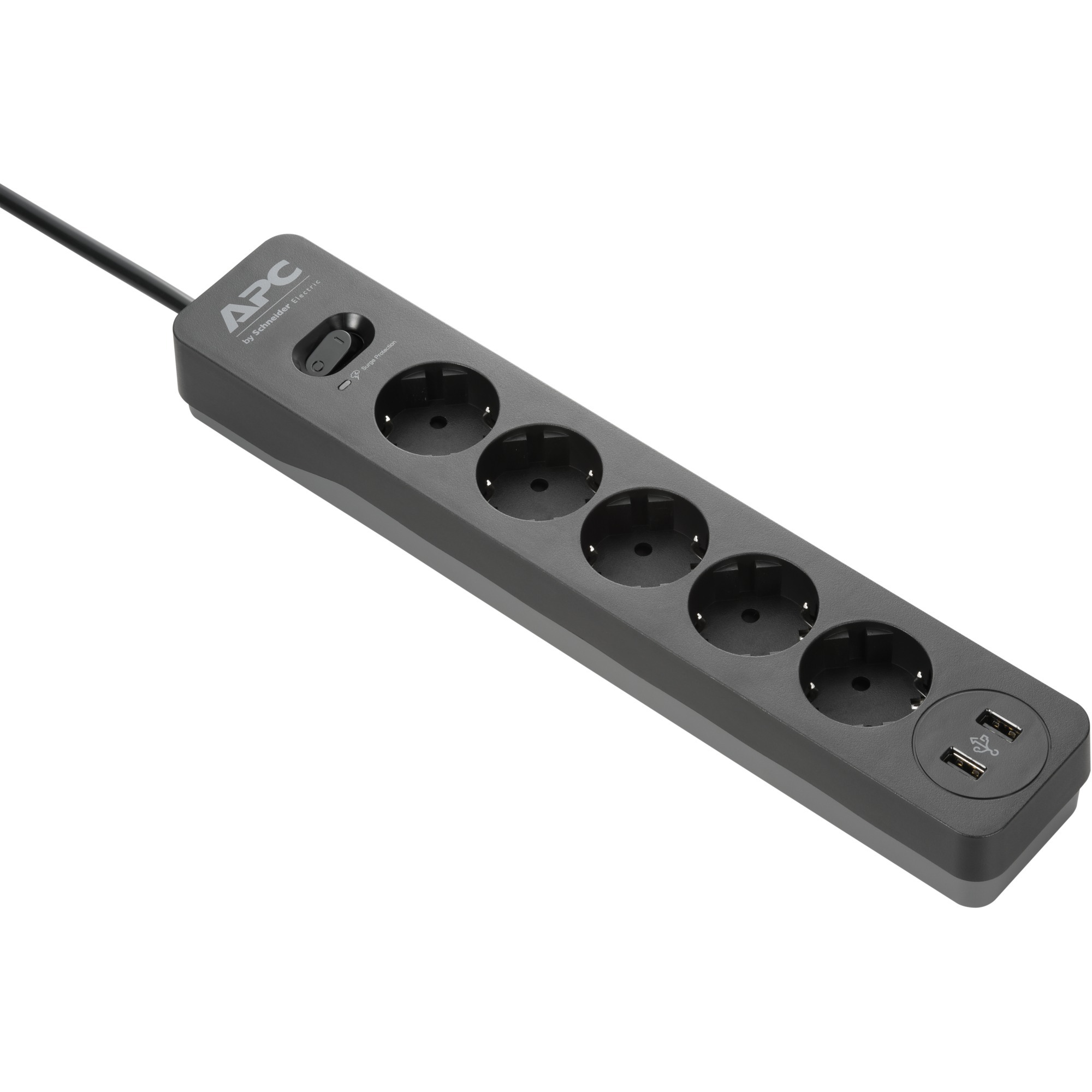 APC Surge Protector - PME5U2B-GR - Steckdosenleiste mit Überspannungsschutz (5-Fach Stecker Schuko, schaltbar, 2 USB-Ladeausgänge - Farbe: schwarz)