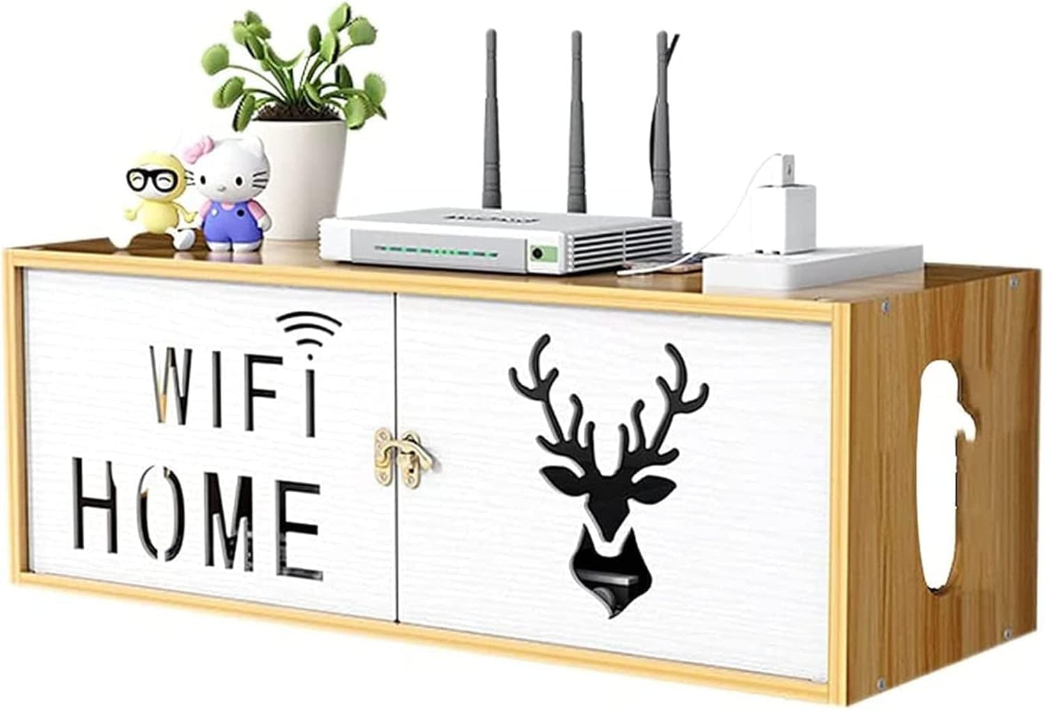 TT Wandmontierte WLAN-Aufbewahrungsbox, Router-Aufbewahrungsbox, mehrschichtiges Desktop-WLAN-Aufbewahrungsregal aus Holz mit Verschluss, Set-Top-Box, Fernbedienung, Netzkabel-Steckdose, Auf