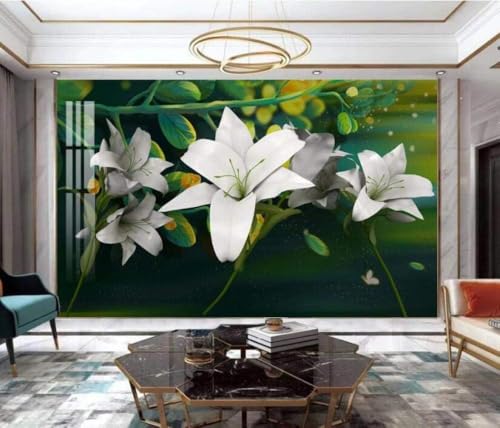 Grüne Blätter Weiße Lilien 3D Tapete Poster Restaurant Schlafzimmer Wohnzimmer Sofa TV Dekorative Wand-150cm×105cm