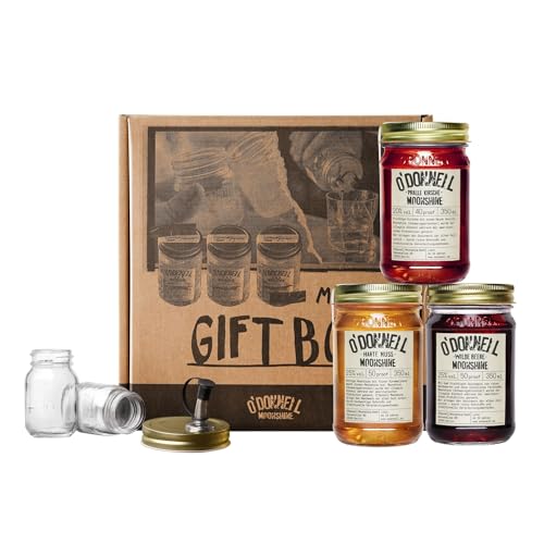 O'Donnell Moonshine Geschenkbox | 3 x 350ml | 2 x Shotgläser + Ausgießer | Premium Schnaps nach amerikanischer Tradition | Likör | vegan | natürliche Zutaten (Harte Nuss/Pralle Kirsche/Wilde Beere)