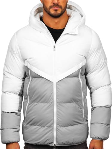 BOLF Herren Winterjacke Steppjacke Gefüttert Übergangsjacke mit Kapuze Daunenjacken-Optik Puffer Wärm Winter Freizeit Outdoor Casual Style CS1006 Weiß-Grau M [4D4]