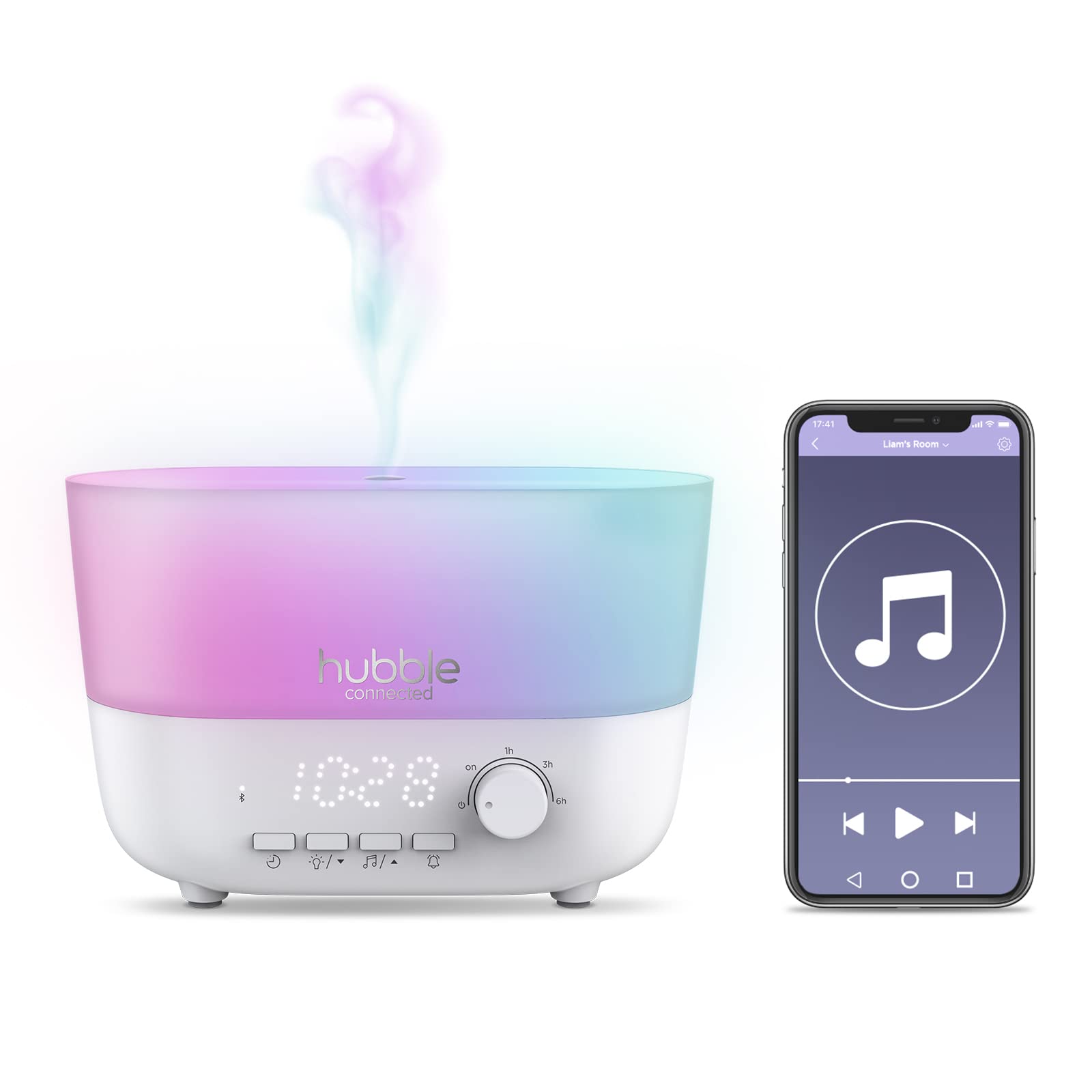 Hubble Connected Mist 5-in-1 Smart-Luftbefeuchter für Babys mit Aroma-Diffusor, Bluetooth-Lautsprecher, 7-farbiger Nachtlichtfunktion, LED-Digitaluhr, 10 Stunden Batterielaufzeit und Smartphone-App