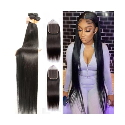 Bundles mit Verschluss Knochengerade Bundles mit Verschluss, Echthaar-Webart-Verlängerung, natürliche Farbe, gerade, brasilianisches Remy-Haar, Bundles mit Frontal for schwarze Frauen Hair Geflochten(