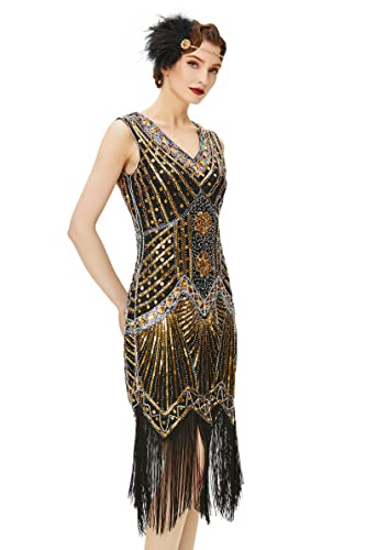 BABEYOND Damen Flapper Kleider voller Pailletten Retro 1920er Jahre Stil V-Ausschnitt Great Gatsby Kostüm Kleid (Größe L / UK 16 / EU 44, Gold)