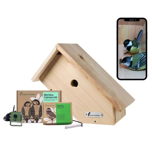 Green Feathers HD 1080p WiFi Wildlife Kamera & Side View Birdbox - Deluxe Bundle - Garten Wildlife Kamera & Habitat Kit, perfekt zum Betrachten von Vögeln zu Hause auf Ihrem Handy, Tablet und TV