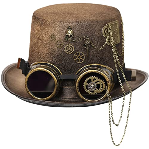 LARUISEE Steampunk Zylinder für Herren mit Brille Gay Hat Bowler Zylinder Gay Top Hat Gay Party Kostüm Karneval Nachtclub Steampunk Zylinder mit Brille