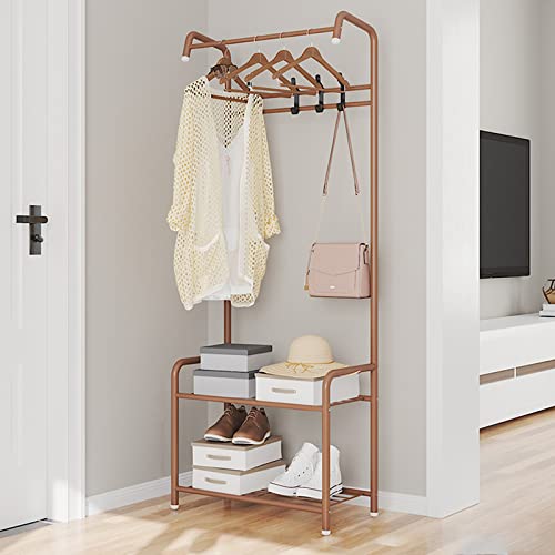 Garderobenständer Multifunktionale Kleiderständer Metall Flurgarderobe mit 2 Schuhablagen mit 4 Haken Offener Kleiderschrank für Schlafzimmer Brown (LXWLH) 67X30X165CM