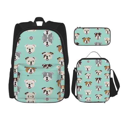 WURTON Schulrucksack-Set mit englischen Bulldoggengesichtern, 3-in-1 Büchertasche-Set mit Lunchbox, Federmäppchen, Reise, Laptop, Tagesrucksack