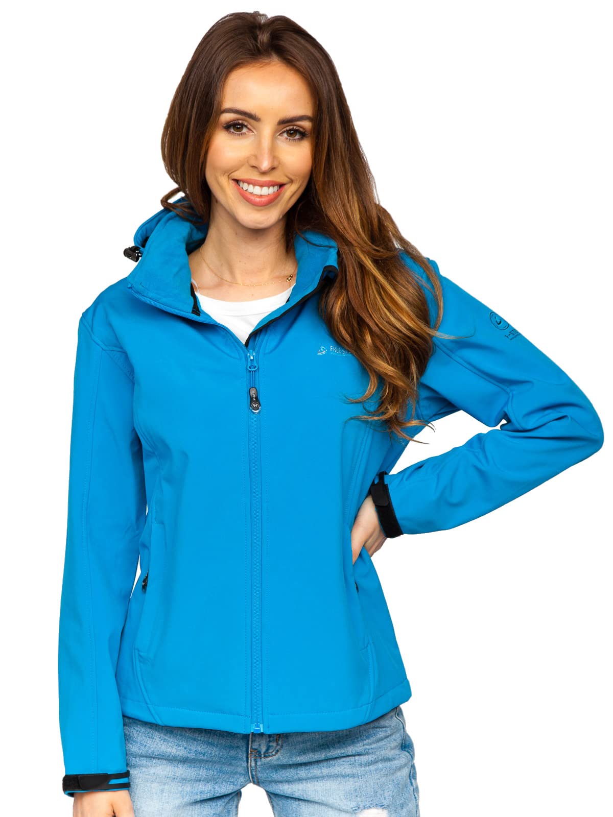 BOLF Damen Softshelljacke Übergangsjacke mit Kapuze Regenjacke Funktionsjacke Winddicht Wasserdicht Sportjacke Trekkingjacke Atmungsaktiv Outdoor Style AB056 Blau XXL [D4D]