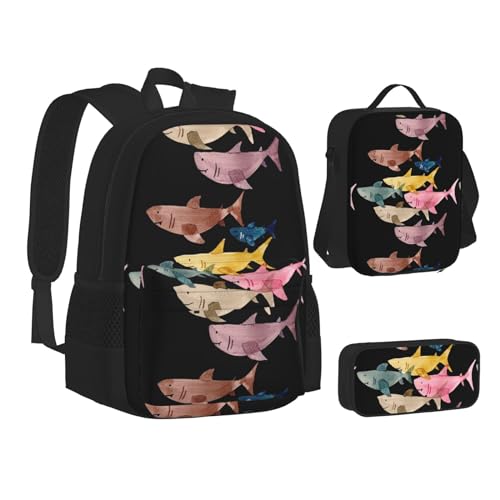 WURTON Rucksack für Teenager, buntes Fischmuster, 3-in-1 (Federmäppchen + Schultasche + Lunchtasche)