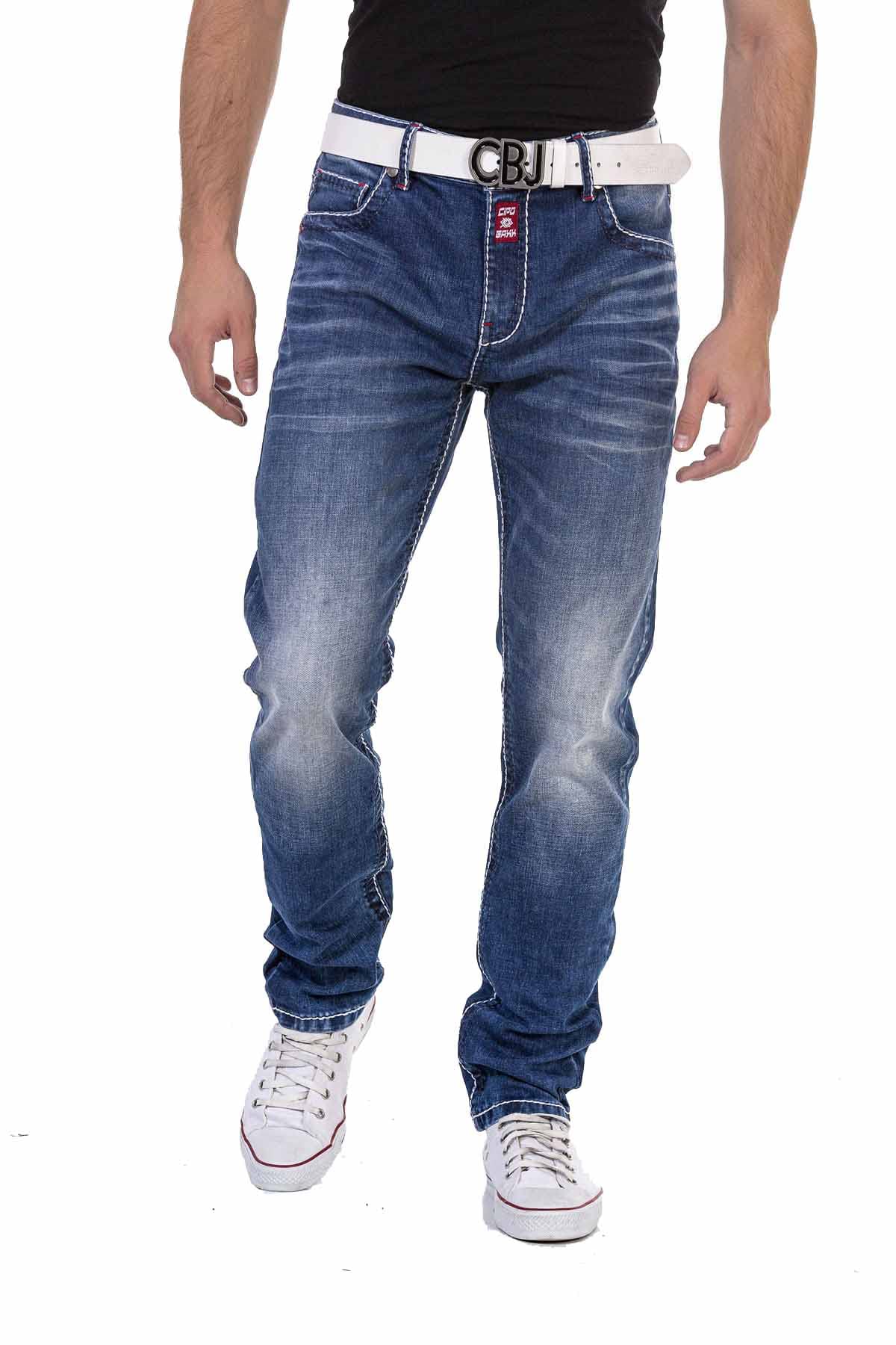 Cipo & Baxx Herren Jeanshose Denim Kontrastnähte Straight Fit Regular Jeans Hose Pants CD704 Blau W42 L32