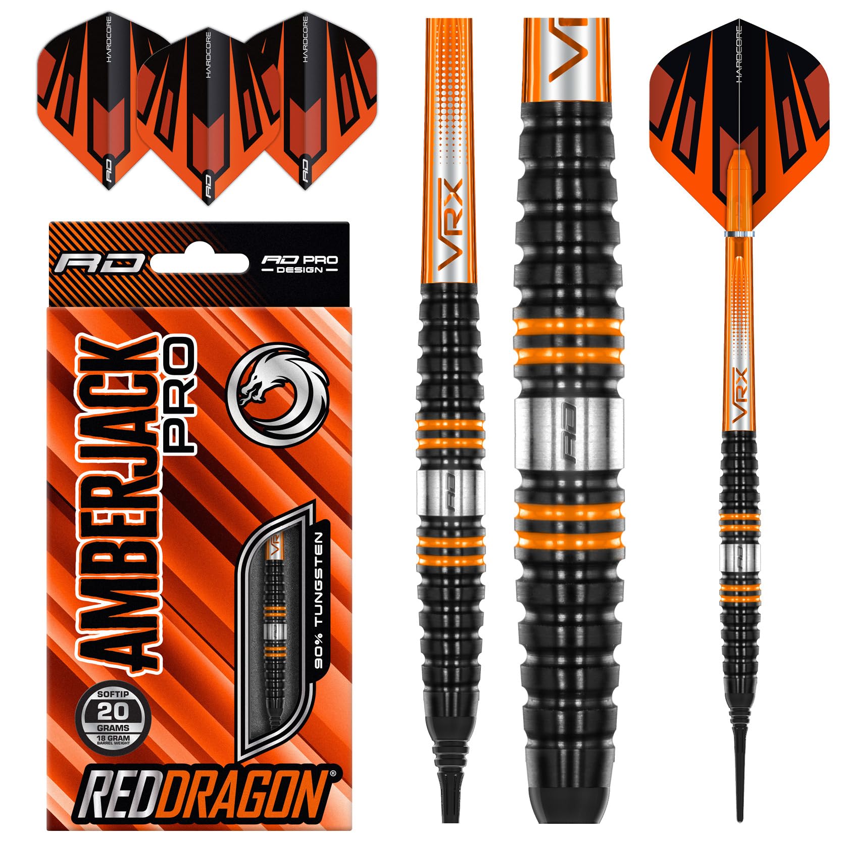 RED DRAGON Amberjack Pro 2 18 Gramm Softip Premium-Wolfram-Darts-Set mit Flights und Stielen