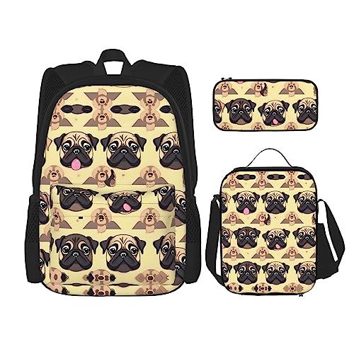 WURTON Viele niedliche Mops-Print Lunchbox Federmäppchen Rucksack Set 3 Stück verstellbare Träger langlebig leicht, Schwarz, One Size