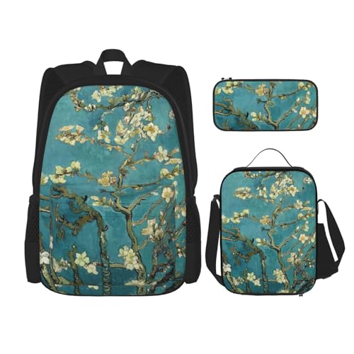 WURTON Schulrucksack-Set mit Malerei, Mandelblüten, 3-in-1-Büchertasche, Set mit Lunchbox, Federmäppchen, Reise, Laptop, Tagesrucksack