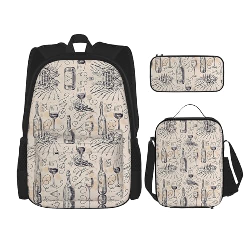 Wein- und Weinherstellung, Weinkellerei, Weinkellerei, Traubenfelddruck, verstellbare Schultergurte, Rucksack-Set, Lunch-Tasche, Federmäppchen, Kombinationstaschen-Set