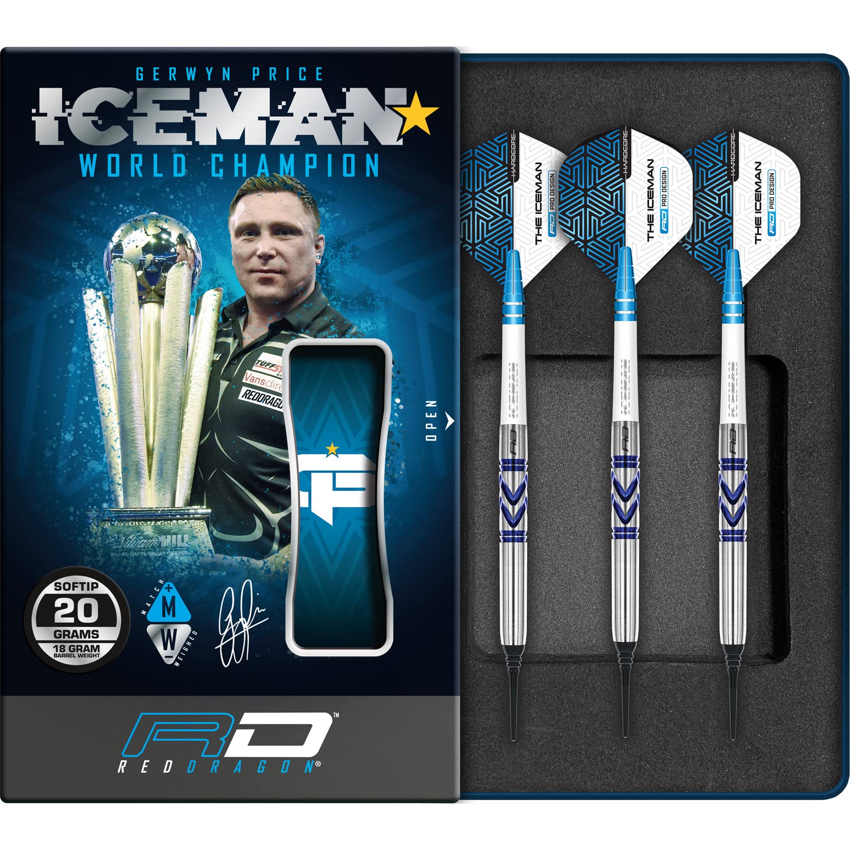 RED DRAGON Gerwyn Iceman Price Avalanche Pro 18 Gramm Softip Premium Tungsten Darts Set mit Flights und Stielen