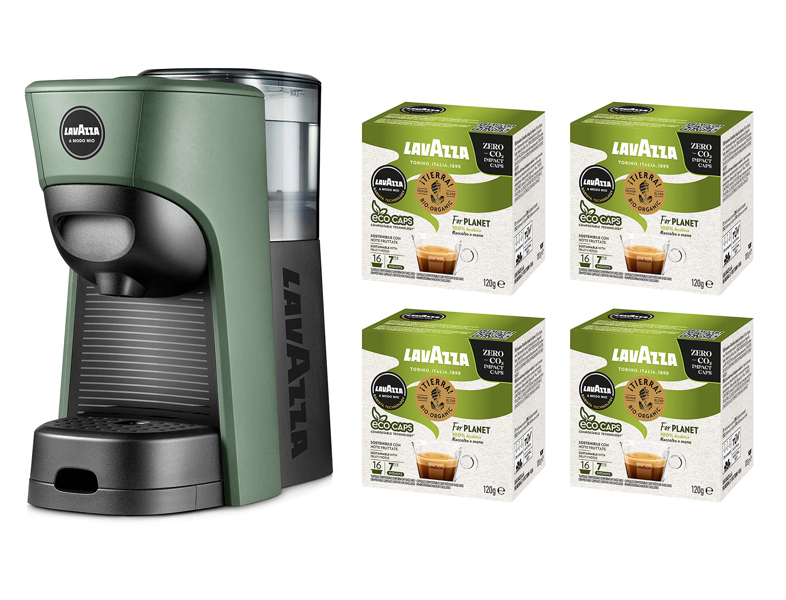 Lavazza, A Modo Mio Tiny Eco Green Kaffeemaschine mit 64 sortierten Kapseln, Espressomaschine aus recyceltem Kunststoff, 1450 W, 220-240 V, 50/60 Hz, 0,6 Liter