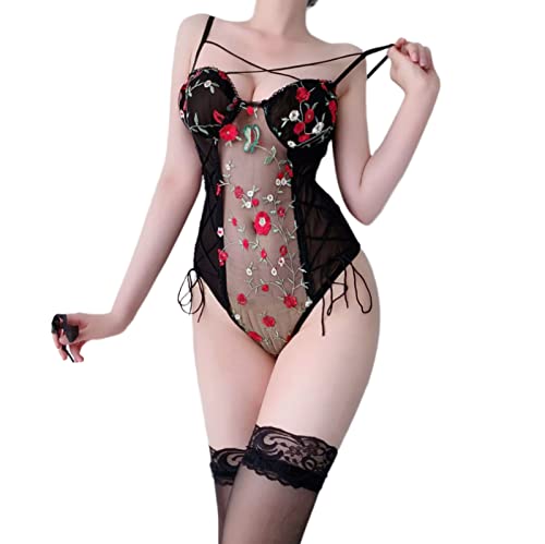 Dessous Sexy Reizwäsche Set Spitzenbestickter Bodysuit Anzug Sexy Schwarz L