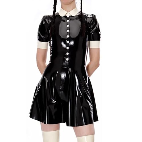 JVHGE Sexy französisches Dienstmädchen-Latexkleid mit kurzen Ärmeln, Knöpfen vorne, Umlegekragen, Gummi-Uniform, Figurbetonter Playsuit