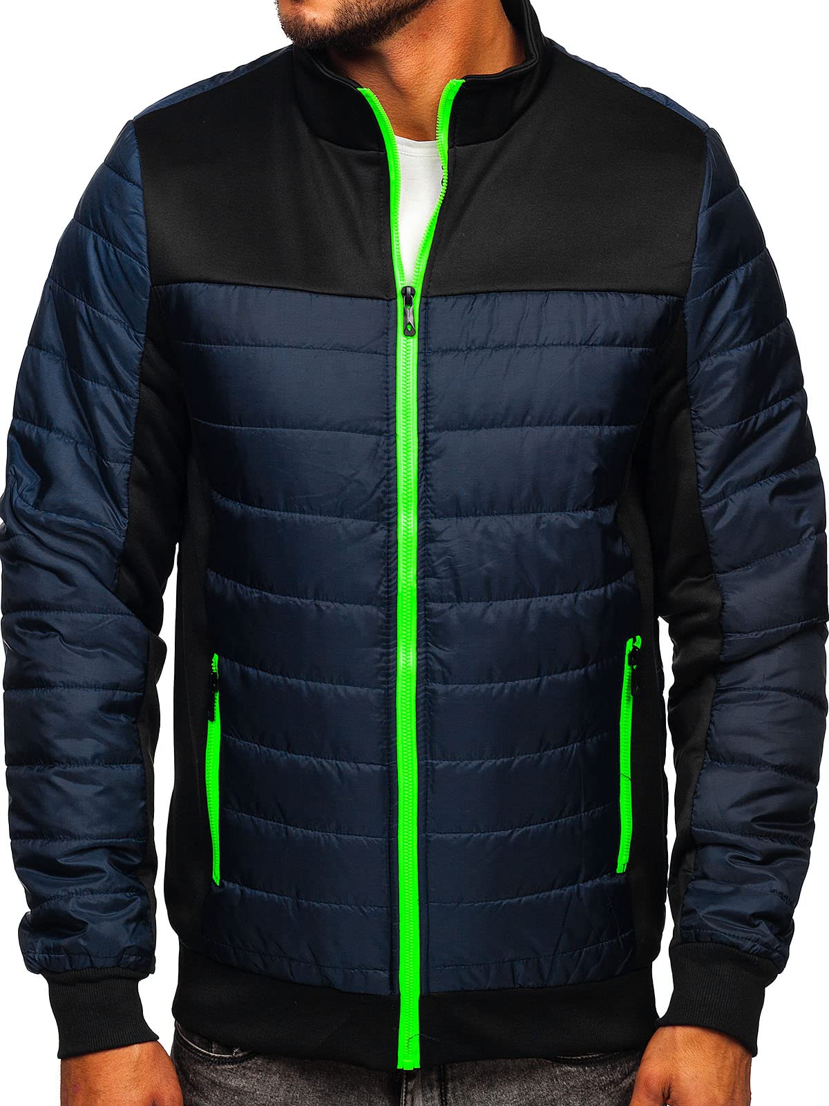 BOLF Herren Übergangsjacke Steppjacke Stehkragen Daunenjacke Reißverschluss Sportjacke Zip Wärme Freizeit Sport Basic Outdoor Casual Style M10012 Dunkelblau M [4D4]