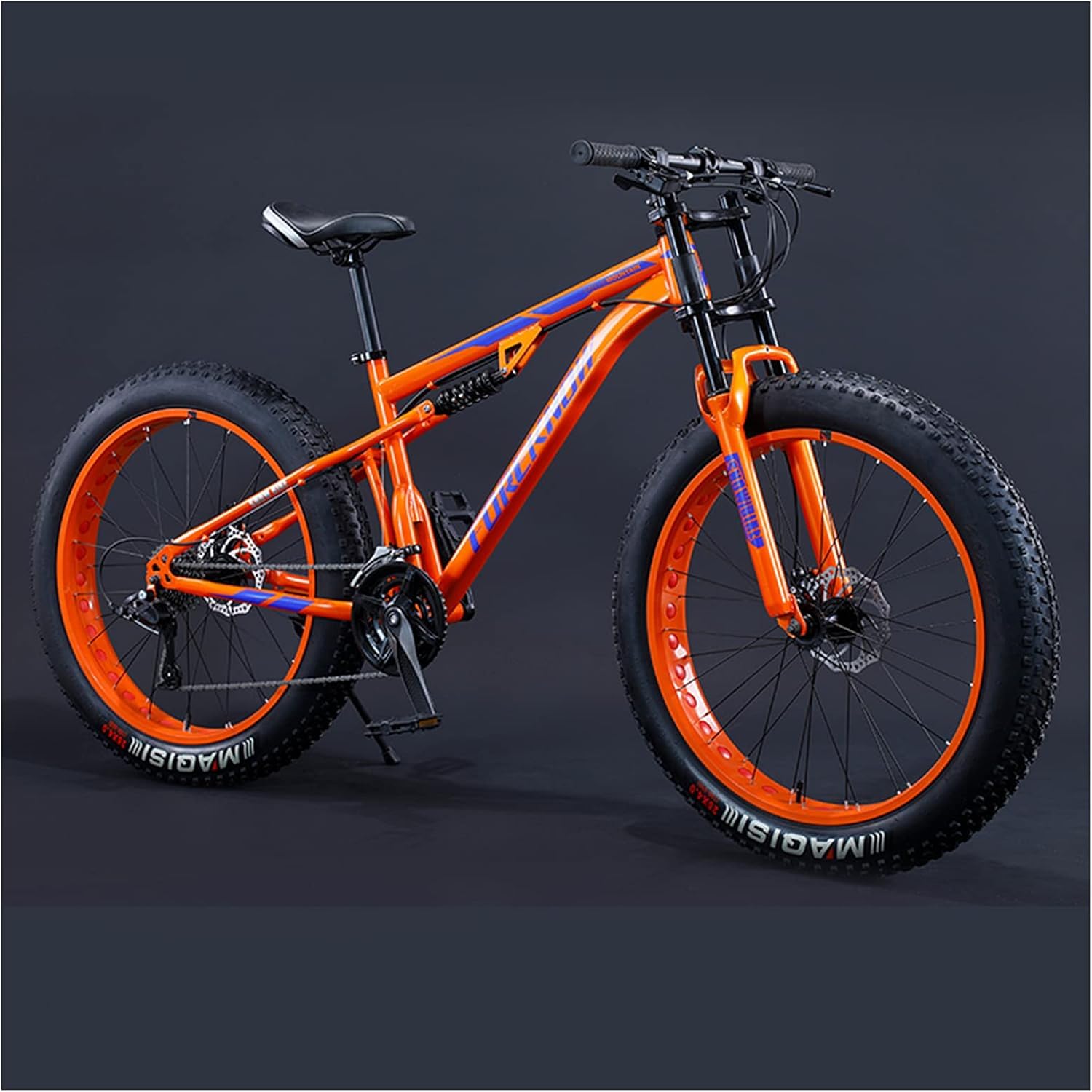 24 Ih Mountainbikes, Fat Tire Mountain Trail Bike für Erwachsene Jungen und Mädchen, Dual-Suspension-Fahrrad, Rahmen aus Kohlenstoffstahl, rutschfeste Offroad-Bikes,Orange,27 Gänge