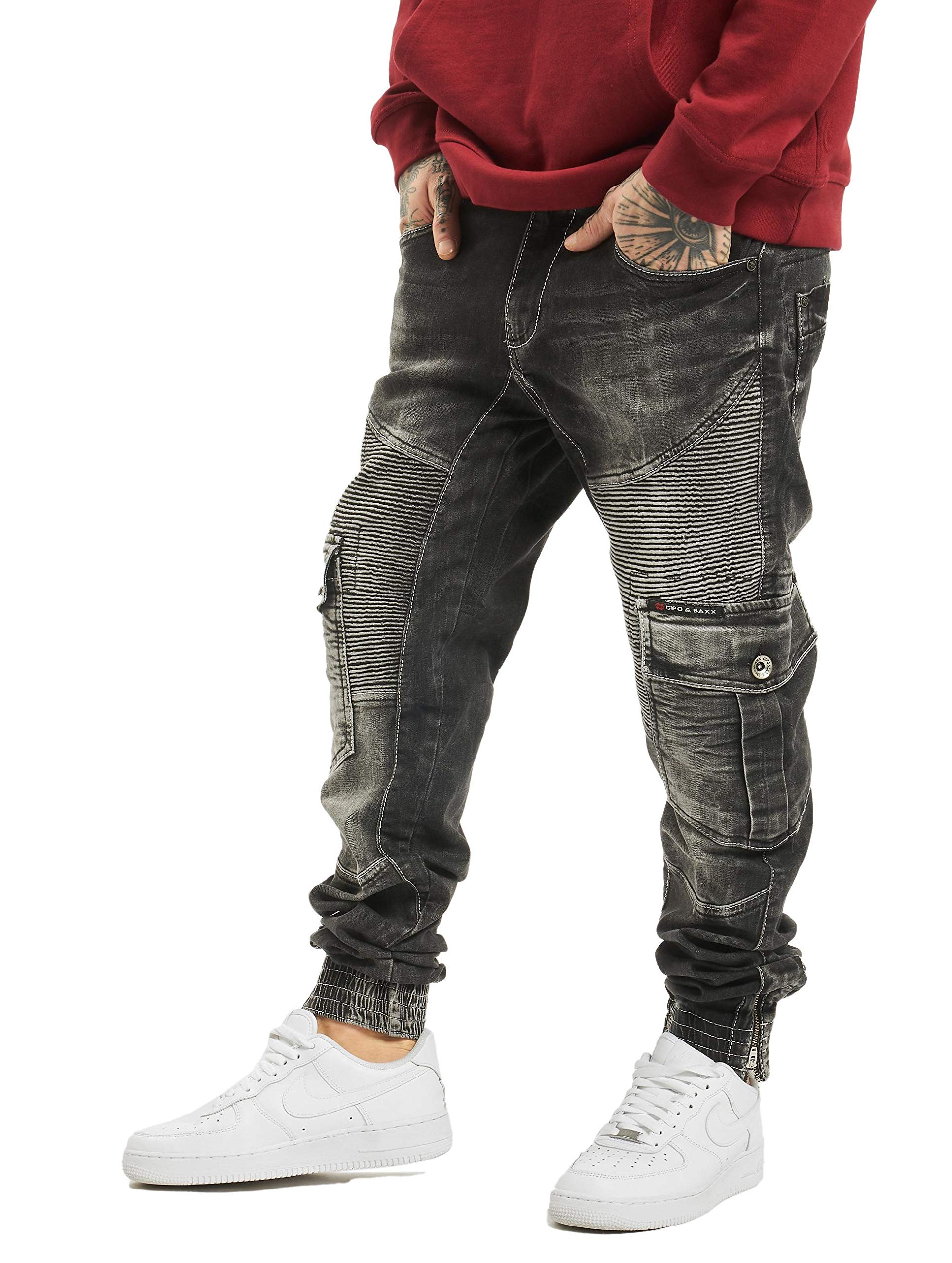 Cipo & Baxx Herren Jeans Sweat-Stil Jogpants Jeans Jogger Hose Slim Fit Cargo Denim Leg W38 L32 Black