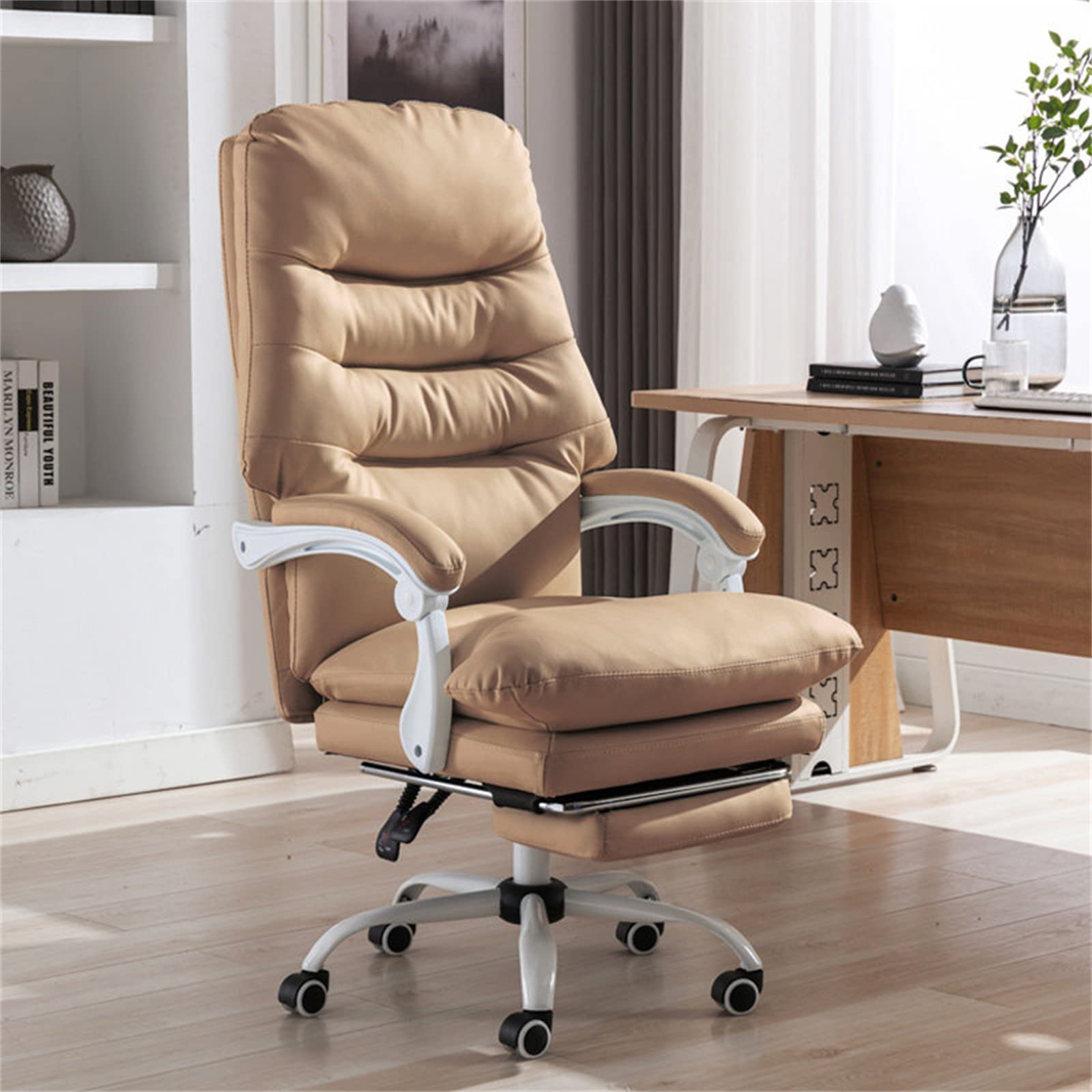 Drehbarer Schreibtischstuhl aus PU-Leder, ergonomischer Chefsessel mit Fußstütze, einstellbarer Höhe und Neigungsfunktion, Chefsessel mit hoher Rückenlehne, für das Home-Office-Schlafzimmer, Khaki