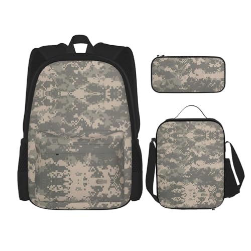 WURTON Armee Digital Camouflage Print Schulrucksack 3 in 1 Büchertasche Set mit Lunchbox Federmäppchen Reise Laptop Daypacks