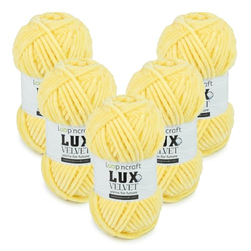 Chenille Wolle 5er-Set, Soft Gelb, Loopncraft, 5 X 100g, Lux Velvet, Super Weiches Samtgarn