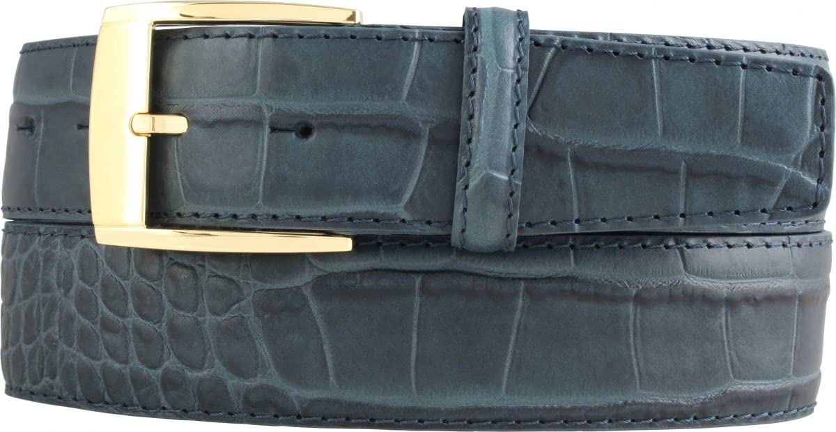 BELTINGER Gürtel mit Krokoprägung und goldener Gürtelschnalle 4 cm | Leder-Gürtel für Damen Herren 40mm Kroko-Muster | Jeansblau 105cm