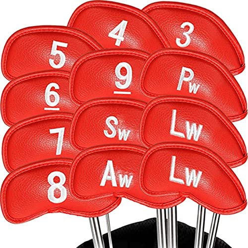 Golf Schlägerhauben Eisen Golfschläger Schlägerkopfhüllen Wert 12 Stück Set, Iron Club Head Covers Schwarz Blau Rot mit Gedruckter Nummer, Kunstleder Golfschlägerhaube Headcover für Aller Marken