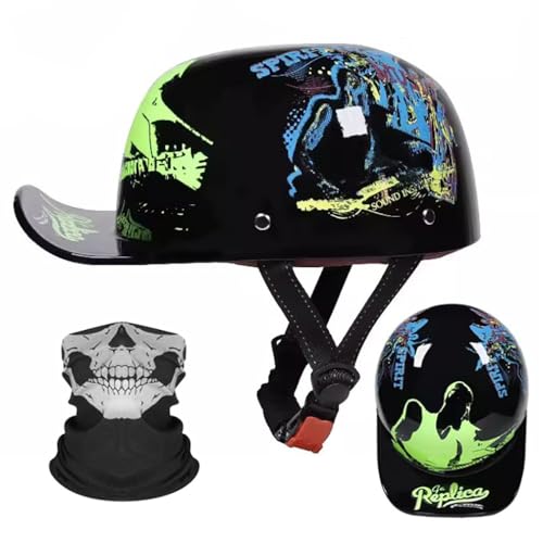 Motorrad Halbhelm Halbschalenhelm Baseballmütze-Helm Mit Gesichtsschutz ECE-Zulassung Motorradhelm Baseball Cap Retro VerläNgerte Krempe Schnellverschluss S-2XL 55-62CM