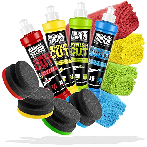 Garage Freaks Handpolitur Set Komplettpaket: Heavy Cut 250ml + Medium Cut 250ml + Finish Cut 250ml + Protection Carnauba Shield 250ml + 4X Polierschwamm + 4X Mikrofaser Poliertücher 40x40cm 550GSM