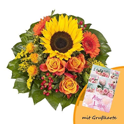 Dominik Blumen und Pflanzen, Blumenstrauß "Sonnenlicht" mit einer Sonnenblume, orangen Rosen, Germini, Färberdistel und Goldrute und Grußkarte "Alles Liebe"