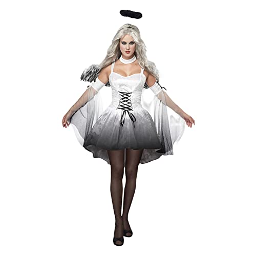 Altsuceser Damen Halloween Dunkel Gefallener Engel Korsett Kleid Kostüme, Böser Teufel Horror Gruselige Rollenspiele Flügel Schwarzer Engel Halloween Set Kostüm für Halloween Weihnachten Weiß XL