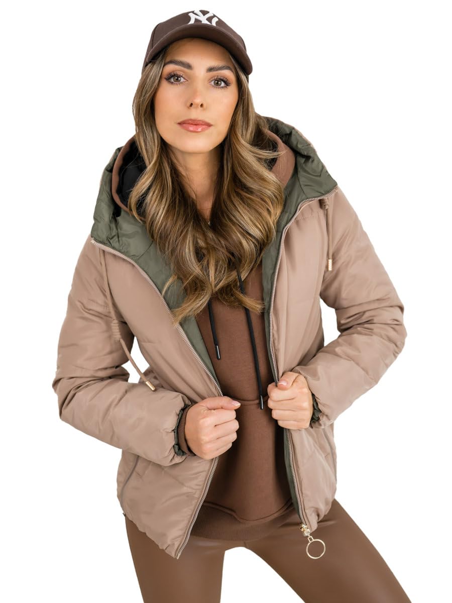 BOLF Damen Übergangsjacke Steppjacke Stehkragen Daunenjacke Reißverschluss Sportjacke Zip Wärme Freizeit Sport Basic Outdoor Casual Style B8181 Beige L [D4D]