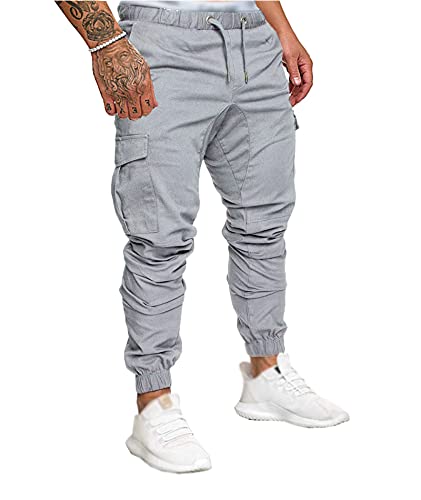 SOMTHRON Herren Elastische Taille Gürtel Baumwolle Jogging Sweat Hosen Plus Size Mode Lange Sports Cargo Hosen Shorts mit Taschen Joggers Activewear Hosen, Grey, XXL