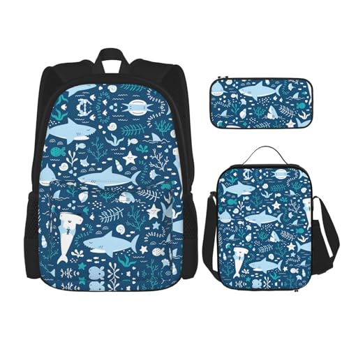 WURTON 3-in-1 Büchertaschen-Set, niedlicher blauer Fischdruck, verstellbarer Schulter-Rucksack, Lunch-Tasche, Federmäppchen, Beutel, Schwarz, Einheitsgröße