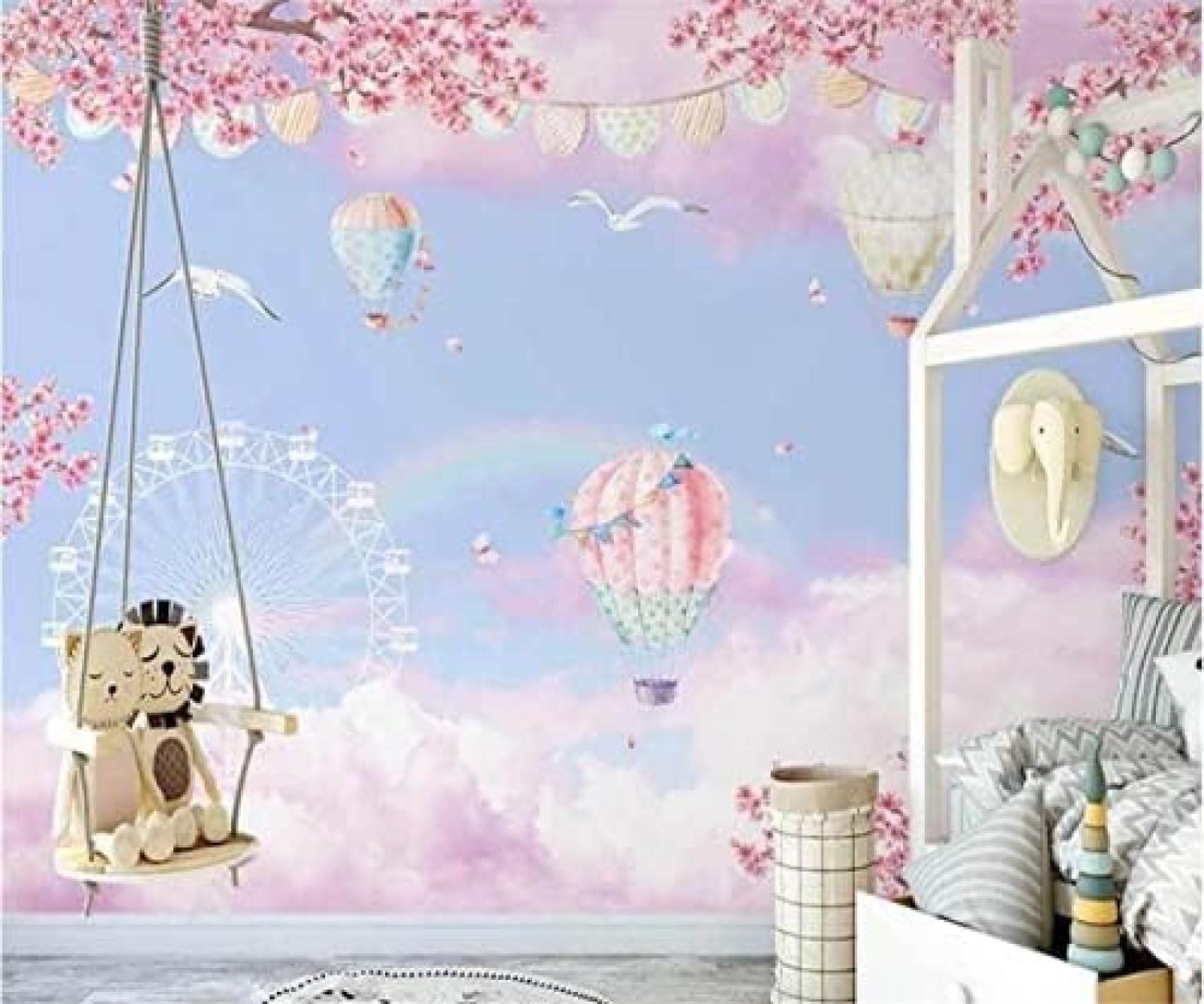 Rosa Heißluftballon Critter Park Kinderzimmer 3D Tapeten Wanddekoration Fototapete Sofas Wohnzimmer Wandbild Schlafzimmer-350cm×256cm