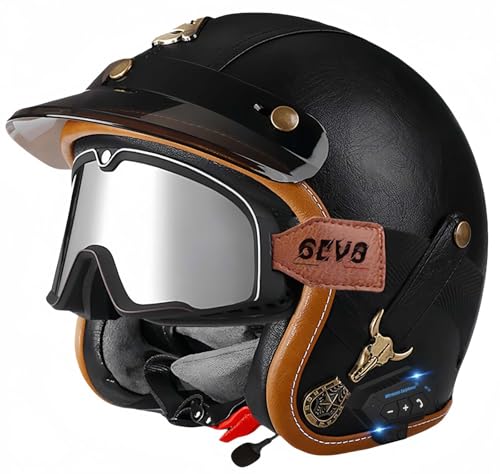 Bluetooth-Helme, Vintage-Motorradhelme, ECE/DOT-Geprüft, Offener Vintage-Helm Für Männer Und Frauen Mit Schutzbrille, Offener Gesichts-Mopedhelm, Verstellbar B,M54-56CM