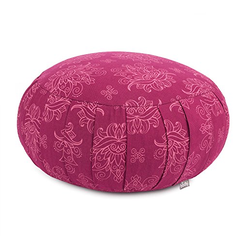 Bodhi Meditationskissen ZAFU Lotus, Berry, Maharaja Collection, Baumwoll-Bezug (Köper) Nicht abnehmbar, Dinkel-Füllung, ca. 38 x 20 cm, Kissen mit Dehnfalten für Sitzmeditation