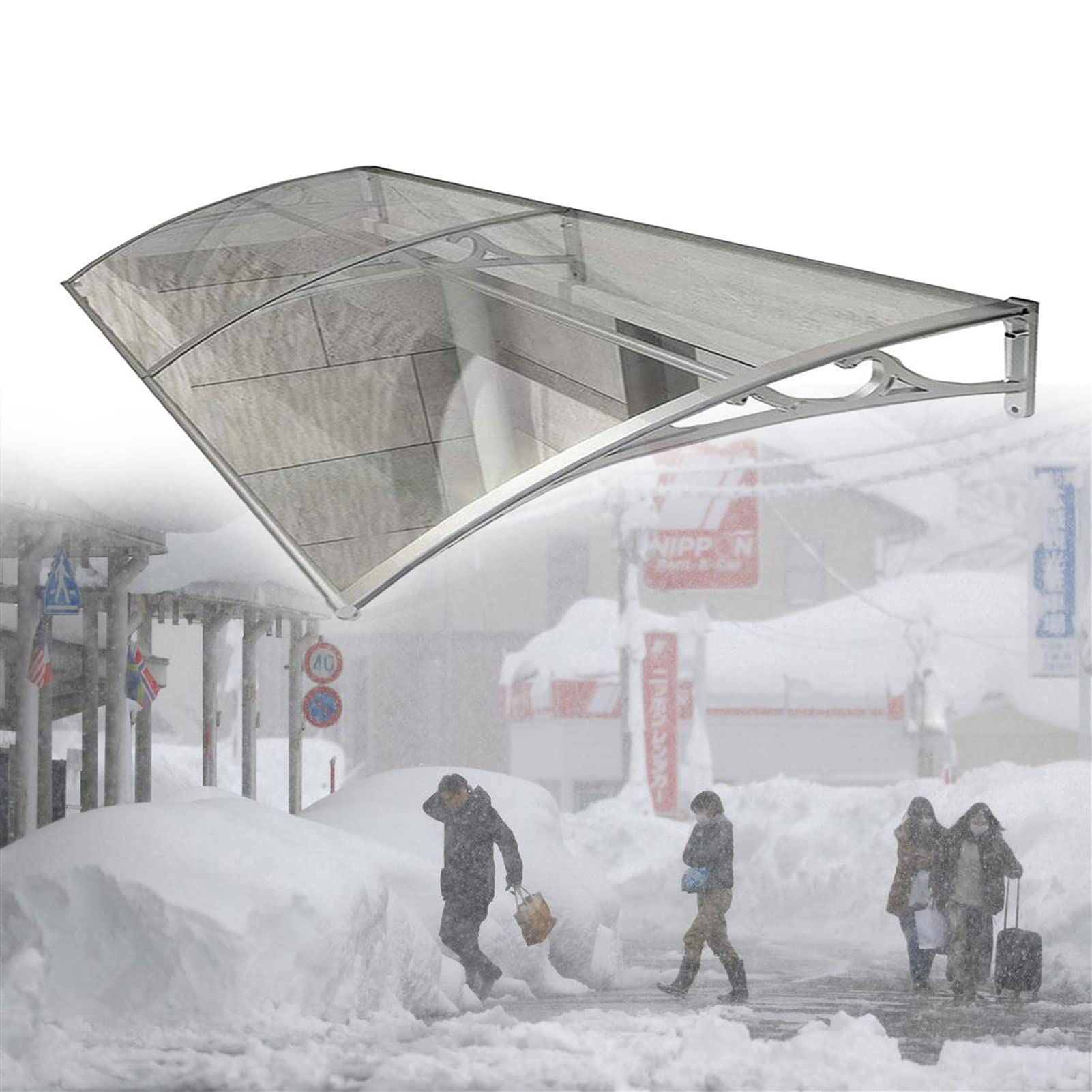 Vordach für Haustür, Vordach für Veranda, Terrassenfenster, Regenschutz mit weißem/transparentem Polycarbonat und Aluminiumrahmen, für Sonnenschutz im Freien, Regen- und Schneeschutz, Windbe