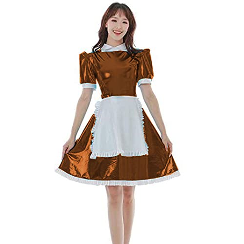 Übergröße Sommer Kurzarm Minikleid Rücken Reißverschluss Kleid Plissee Vestido Tanzen Clubwear mit Schürze, Kaffee, 7XL