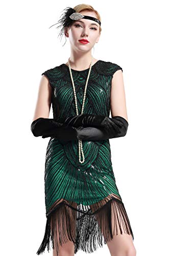 BABEYOND Damen Kleid voller Pailletten 20er Stil Runder Ausschnitt Inspiriert von Great Gatsby Kostüm Kleid (L (Fits 76-86 cm Waist & 94-104 cm Hips), Grün)