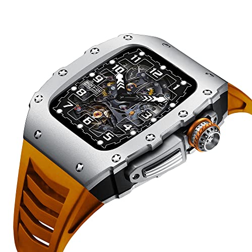 KANUZ Luxuriöses Metallgehäuse für Apple Watch 8, 7, 45 mm, Mod Kit, Aluminiumlegierung, Gummi, Sportband, iWatch 6, 5, 4, SE, 44 mm, DIY-Modifikationsset (Farbe: Weiß / Schwarz, Größe: 44 mm für