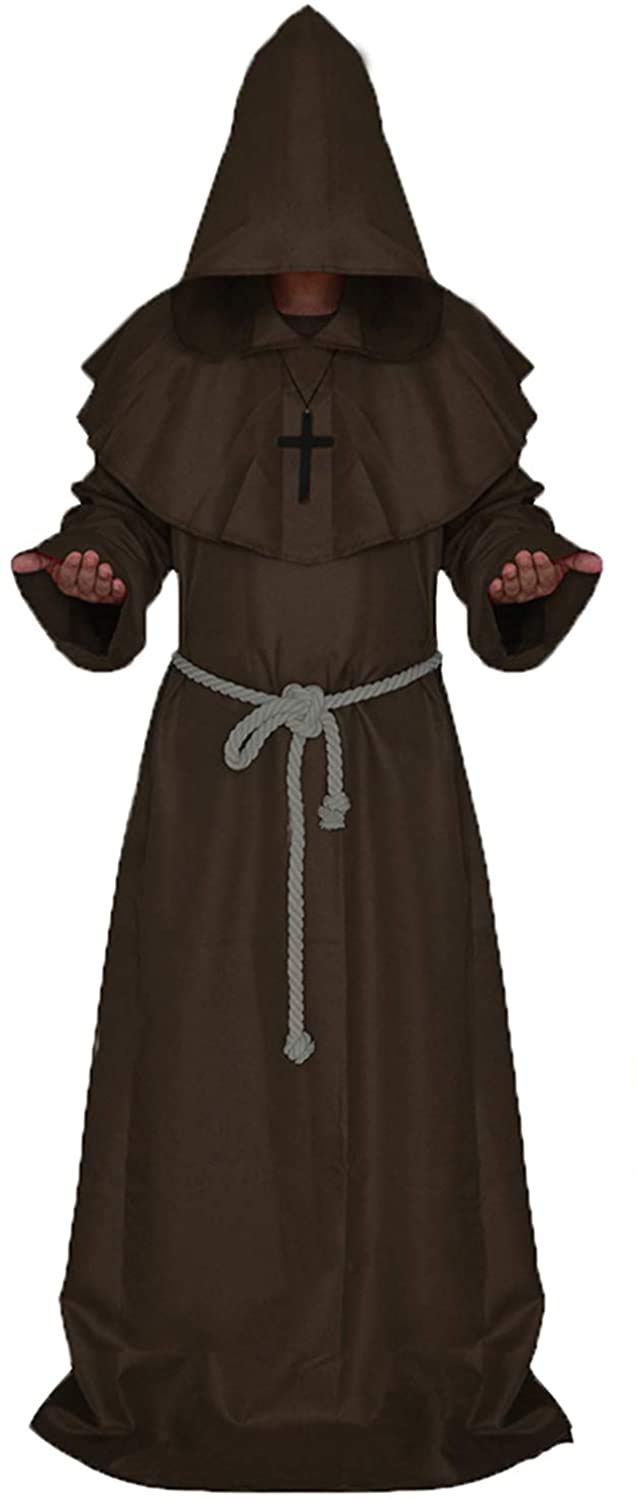 Herren Priester Halloween Kostüm Mönch Outfit Mittelalterlicher Umhang mit Kapuze Cosplay Zauberer Priester Frater Kapuze Robe für Karneval Gotik Zauberer Ritter Renaissance(M,Kaffee)