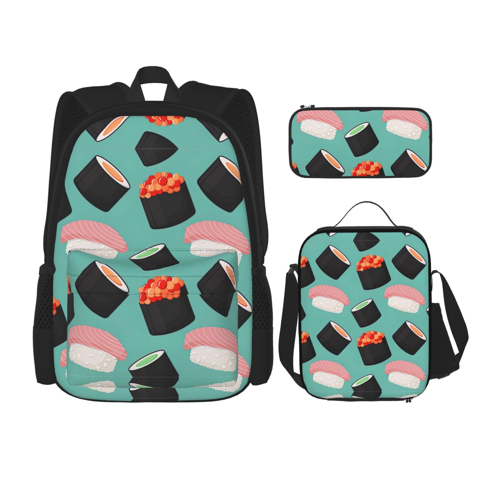 WURTON Sushi Food Pattern1 Print Lunchbox Federmäppchen Rucksack Set 3 Stück Verstellbare Träger Langlebig Leicht, Schwarz, One Size