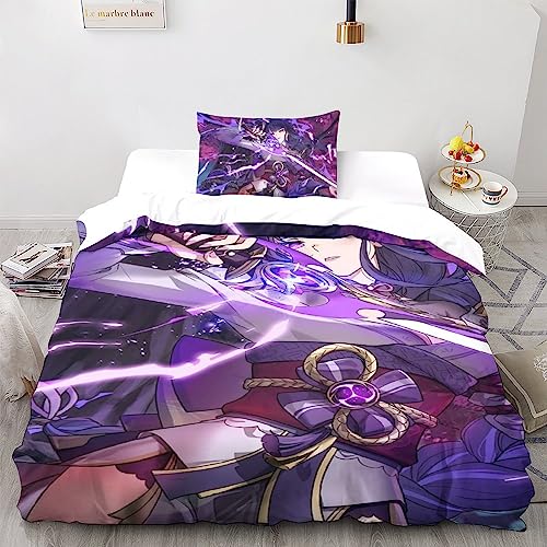 UKALOU Genshin Impact Moderne Raiden Shogun Bettwäsche-Sets Mit 3D-Print - 3-teilige Duvet-Cover-Sets Aus Mikrofaser Mit Verstecktem Reißverschluss Und Kissenbezügen Single（135x200cm）