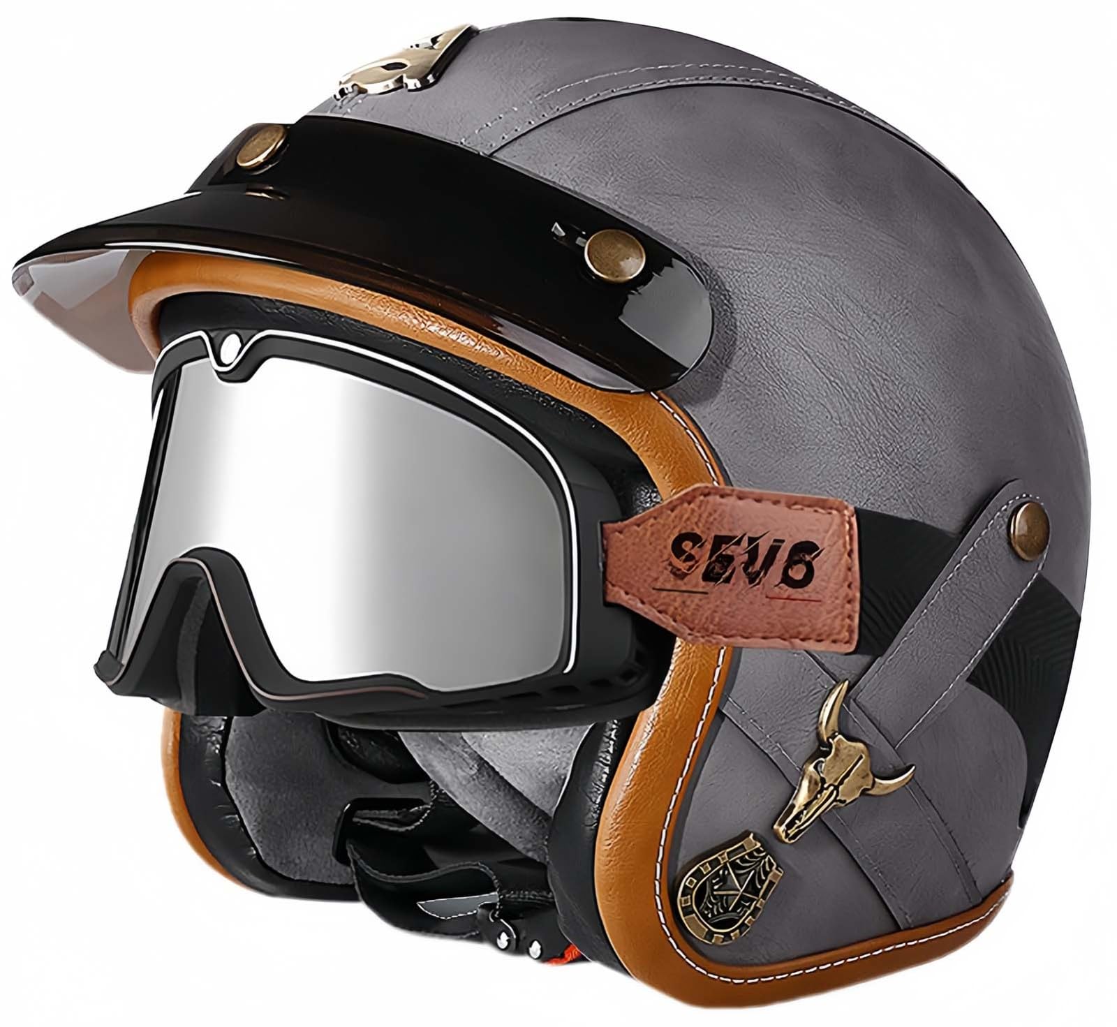 3/4 Vintage Helm Retro Motorradhelm Erwachsene Halbhelm ECE Approved Vintage Für Männer Und Frauen Mit Schutzbrille Offenes Gesicht Mopedhelm B,M54-56CM